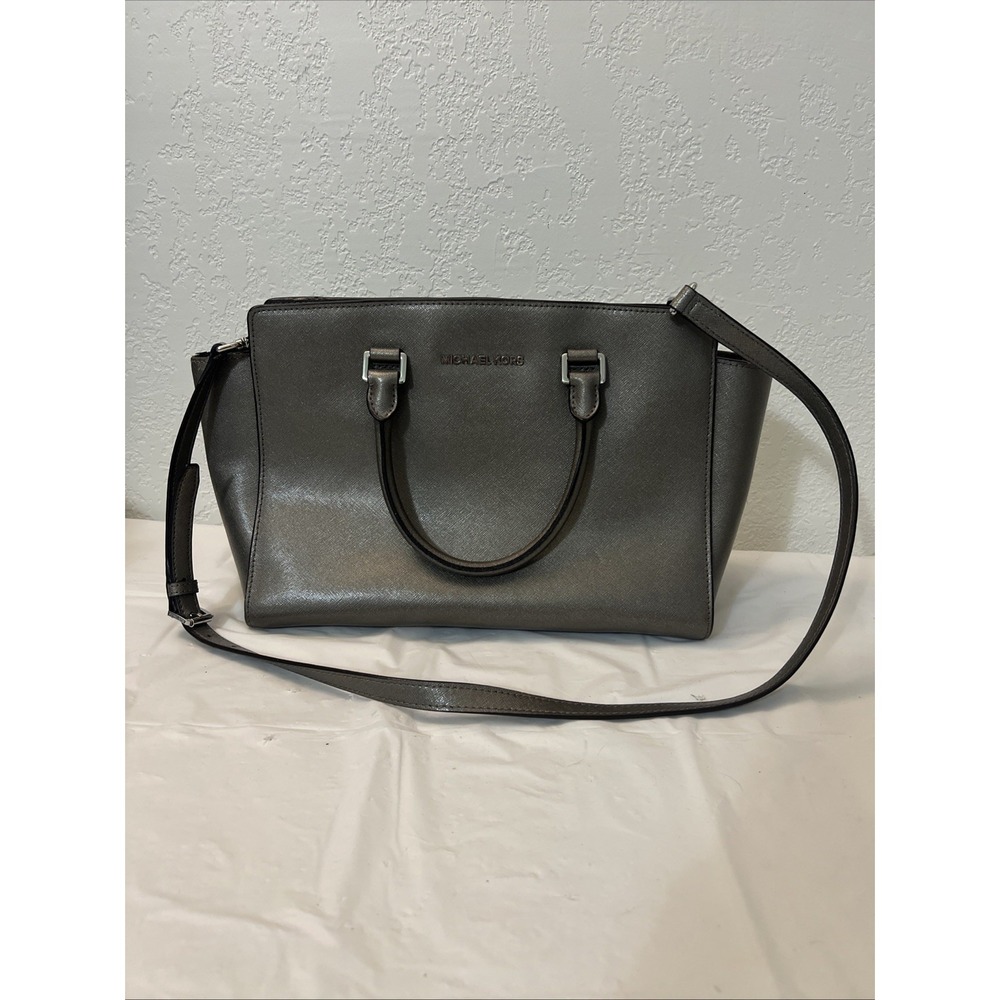 Michael Kors Satchel Women Large Selma Saffiano Leather Bag Silver 16.25x 9x 6